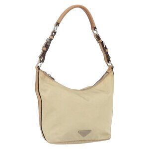 Authentic PRADA Shoulder Bag Nylon Beige Silver